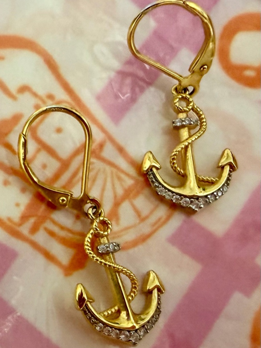 Gold Anchor Drop Earrings with Crystal Accents